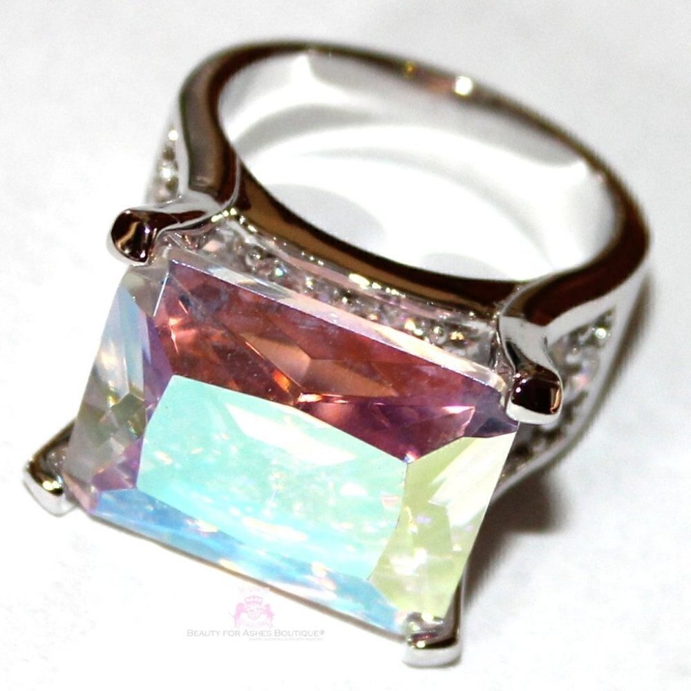 925 Sterling Silver Womens His Presence of God Aurora Borealis Ab Chunky Ring